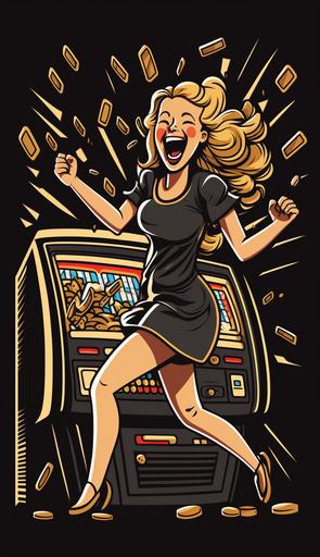 professional young woman playing slot machine,win so much money,so happy,cartoon style,cash and gold coin background,black background --ar 9:16