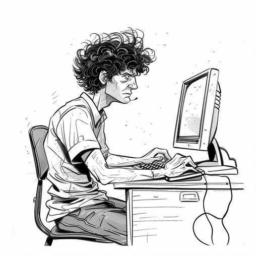 profile man with old computer in a desk, complete frame with legs, cartoon style, black and white, line, with contrast like comic illustrations, simple --v 6.0