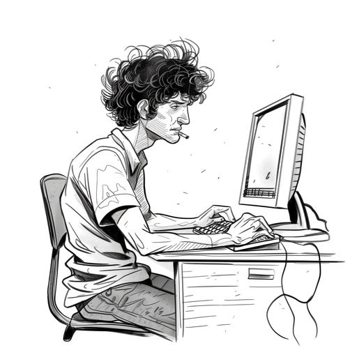profile man with old computer in a desk, complete frame with legs, cartoon style, black and white, line, with contrast like comic illustrations, simple --v 6.0