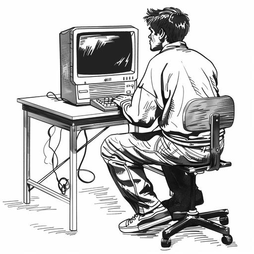 profile man with old computer in a desk, complete frame with legs and feet full chair with wheels, cartoon style, black and white, line, with contrast like comic illustrations, simple