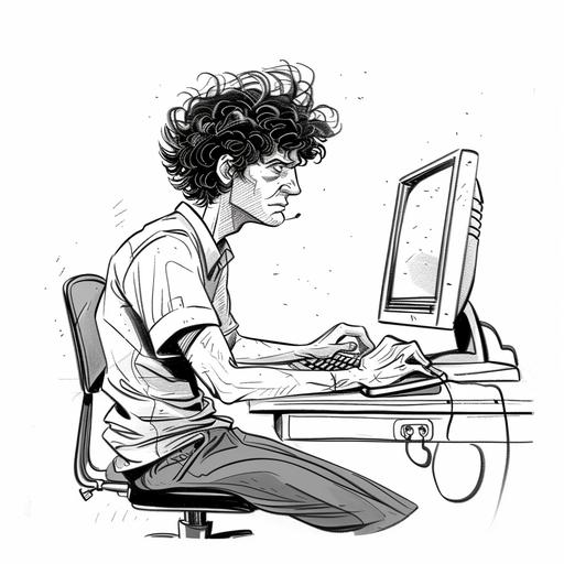 profile man with old computer in a desk, complete frame with legs and full chair, cartoon style, black and white, line, with contrast like comic illustrations, simple --v 6.0