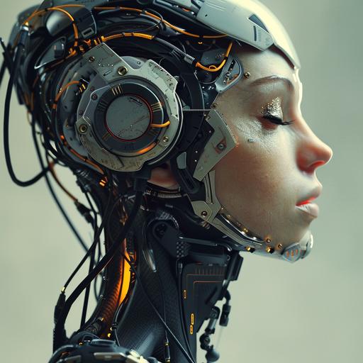 profile of beautiful girl half human half robot