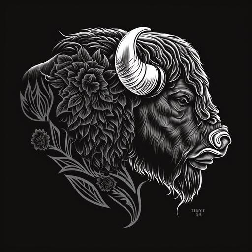 profile of bison logo black and white made of scroll work