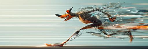 profile view of Warner Brothers cartoon Roadrunner's gait represented by the sequential animation frames of a run cycle, motion blur, motion lines --v 6.0 --ar 3:1