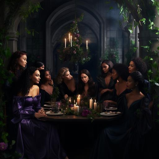 promo photo of a ultra luxury flagship coaching program for The Secret Society of Femme Fatale Freelancers, dark moody gothic florals, dark purples and green tones, diverse beautiful women meeting in secret