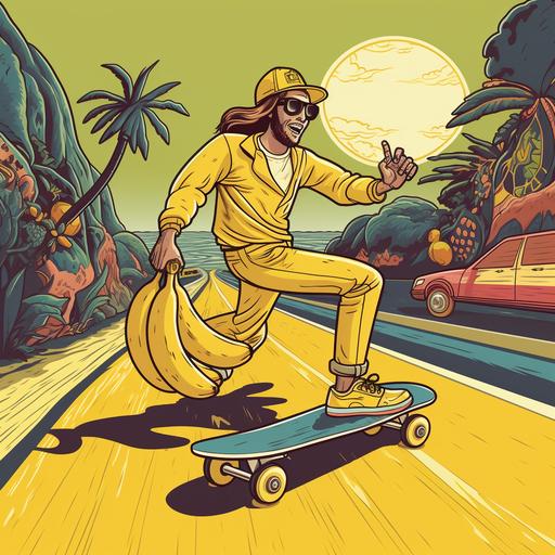prompt Banana skating down the road by the sea. Cool, stylish, 70s, cartoon, sunglasses, ocean views, proper slick and laid back