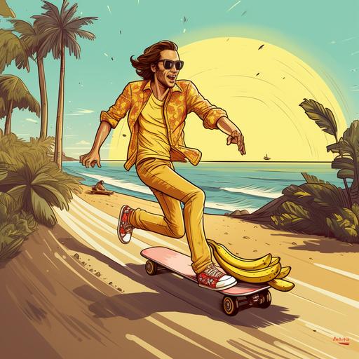 prompt Banana skating down the road by the sea. Cool, stylish, 70s, cartoon, sunglasses, ocean views, proper slick and laid back