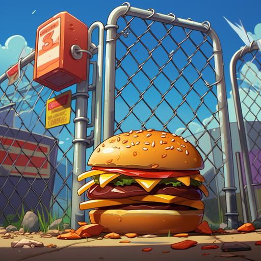 prompt a burger and chips surrounded by a secure chain link fence with a no-entry english sign attached to the fence, wideangle in a cartoon style.