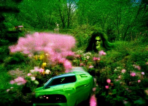 dodge charger between shrubs, anemones, buttercups, strange cryptogames, death metal dude headbanging, scenery of perpetual pinky-green ultra fantasy excitement, corporeal, 35mm analogue --w 356