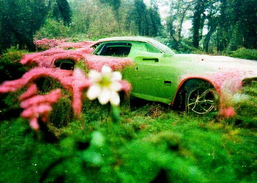 dodge charger between shrubs, anemones, buttercups, strange cryptogames, mosses covered with tiny white florets listening to cannibal horse; scenery of perpetual pinky-green excitement, graveyard hyperreaityl, 35mm analogue --w 356