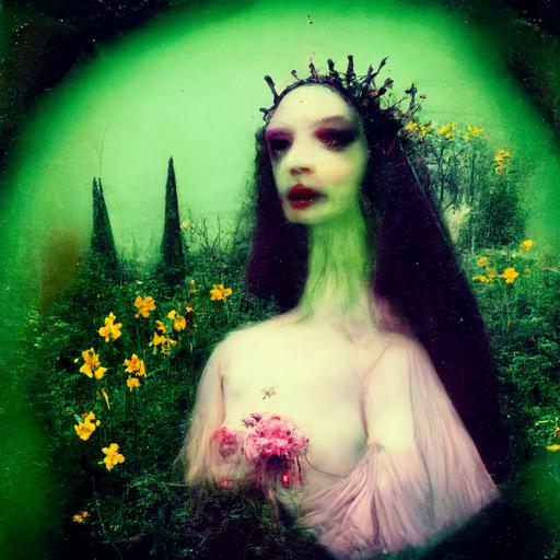 lady of divine torment and ascending fierce godly love, among shrubs, anemones, buttercups, strange cryptogames, scenery of perpetual pinky-green ultra fantasy excitement, corporeal, polaroid