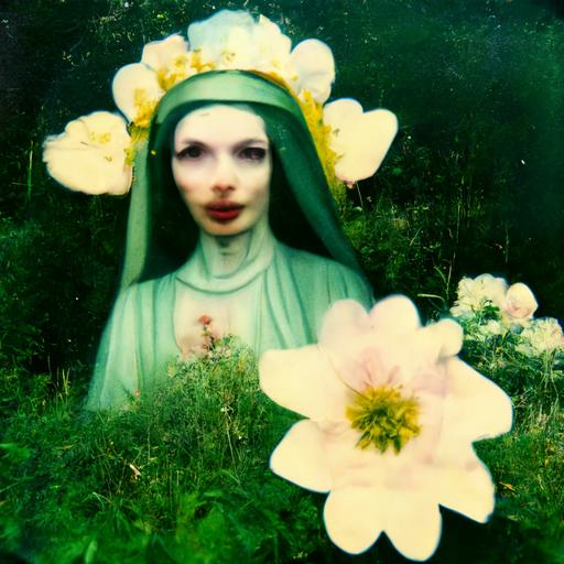 lady of grace in love with god between shrubs, anemones, buttercups, strange cryptogames, scenery of perpetual pinky-green ultra fantasy excitement, corporeal, polaroid--w 356