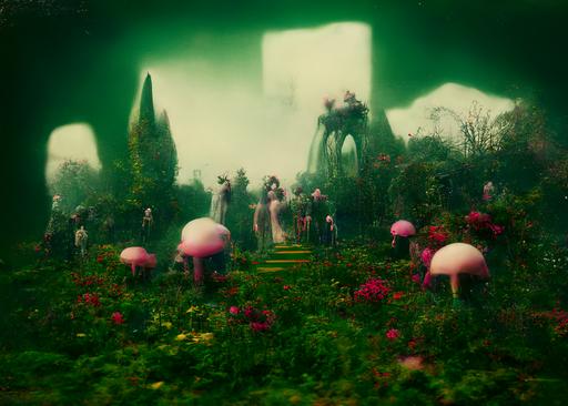 sinners under the dominion of satan, among shrubs, anemones, buttercups, strange cryptogames, scenery of perpetual pinky-green ultra fantasy excitement, corporeal, octane render by joachim patinir, polaroid --w 356