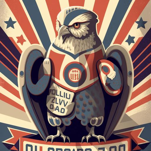 propaganda poster of a superb owl wearing an NFL football jersey, super bowl, super bowl stadium, nfl logo, championship, touchdown, endzone, red white and blue colors, vince lombardi trophy, russian constructivist style, national football league