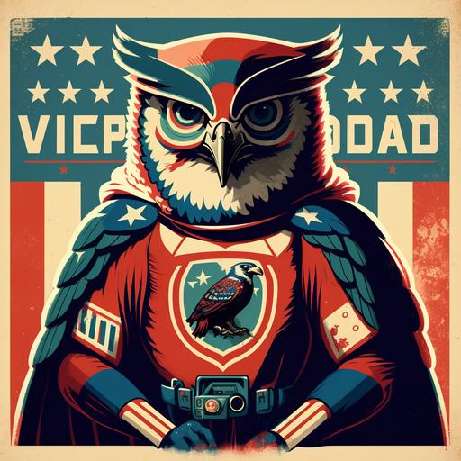 propaganda poster of a superb owl wearing an NFL football jersey, super bowl, super bowl stadium, nfl logo, championship, touchdown, endzone, red white and blue colors, vince lombardi trophy, russian constructivist style, national football league