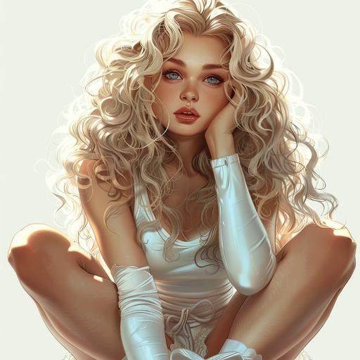 She is a very beautiful, and sweet girl. Her hair is curly, blonde, her eyes are blue, her lips are medium, and her nose is as perfect as a hazelnut. Its length is 170 and its drawbar is 65 kq. She was wearing short white tights and very short shorts. He has white sneakers on his feet