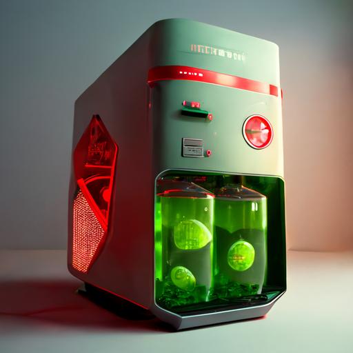 prototype PC gamer beer Heineker light green and star in red light anda water cooler red light; realistic