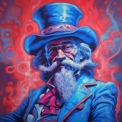 psycadelic colonel reb with blue suit red pants with blue top hat and cain cartoon air brush style
