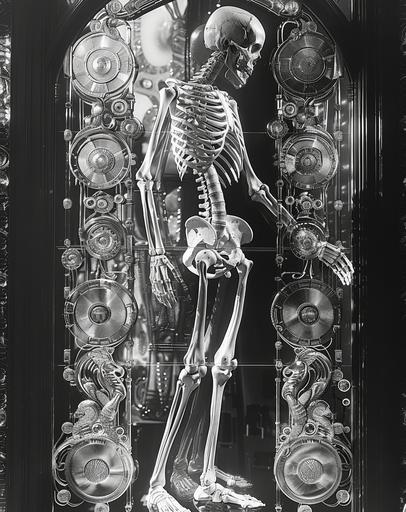 psychedelic art deco clothing:: an image of a skeleton with his arms open, in the style of iris van herpen, reimagined religious art, hyperspace noir, contemporary modernist-type photography, graphic novel-inspired, ed brubaker, made of liquid metal --ar 101:128 --s 750 --v 6.0