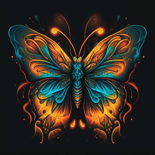 psychedelic butterfly, t-shirt design, bright, neon, energy wave