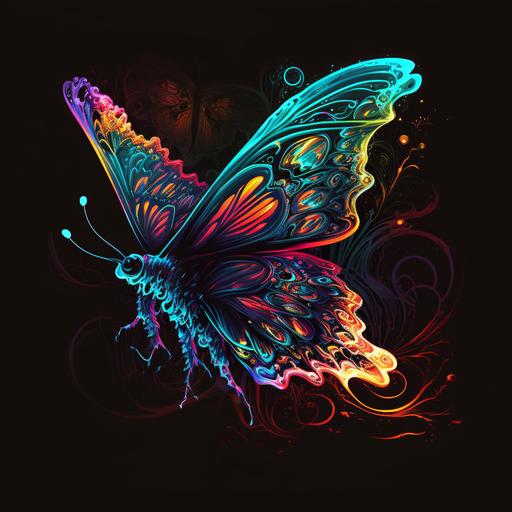 psychedelic butterfly, t-shirt design, bright, neon, energy wave