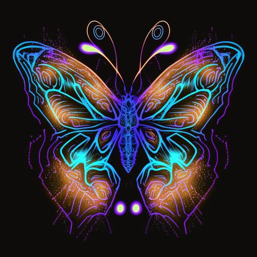 psychedelic butterfly, t-shirt design, bright, neon, energy wave, blue, purple,