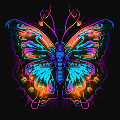 psychedelic butterfly, t-shirt design, bright, neon, energy wave, blue, purple, black light
