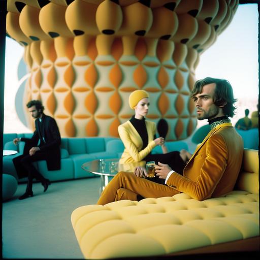 psychedelic ottoman monumental lounge, minimal modern architecture, ottoman fashion models wearing yeezy formal dress, men and womenhaving cocktail party, high end fashion photography, natural lighting, relaxing environment, minimalist movie scene, cyberchitect, photographed on grainy medium format Kodak Portra 800 film SMC Takumar 105mm f/2.8 c 50 --v 4