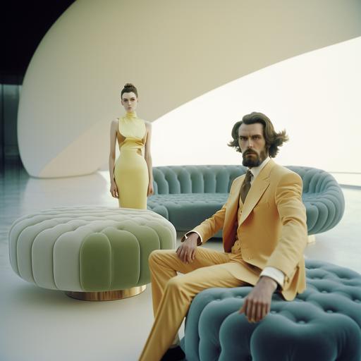 psychedelic ottoman monumental lounge, minimal modern architecture, ottoman fashion models wearing yeezy formal dress, men and womenhaving cocktail party, high end fashion photography, natural lighting, relaxing environment, minimalist movie scene, cyberchitect, photographed on grainy medium format Kodak Portra 800 film SMC Takumar 105mm f/2.8 c 50 --v 4