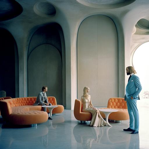 psychedelic ottoman monumental lounge, minimal modern architecture, ottoman fashion models wearing yeezy formal dress, men and womenhaving cocktail party, high end fashion photography, natural lighting, relaxing environment, minimalist movie scene, cyberchitect, photographed on grainy medium format Kodak Portra 800 film SMC Takumar 105mm f/2.8 c 50 --v 4