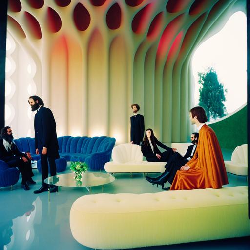 psychedelic ottoman monumental lounge, minimal modern architecture, ottoman fashion models wearing yeezy formal dress, men and womenhaving cocktail party, high end fashion photography, natural lighting, relaxing environment, minimalist movie scene, cyberchitect, photographed on grainy medium format Kodak Portra 800 film SMC Takumar 105mm f/2.8 c 50 --v 4