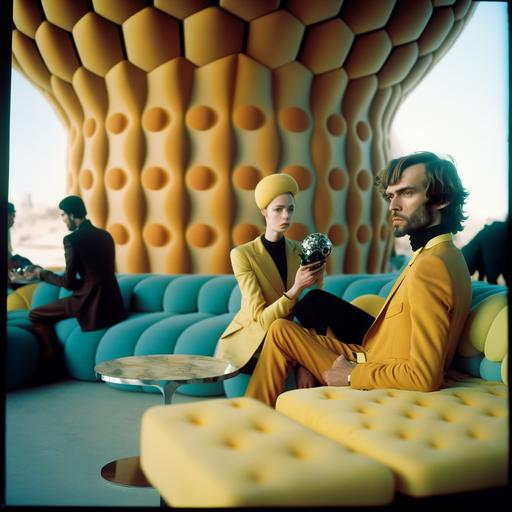 psychedelic ottoman monumental lounge, minimal modern architecture, ottoman fashion models wearing yeezy formal dress, men and womenhaving cocktail party, high end fashion photography, natural lighting, relaxing environment, minimalist movie scene, cyberchitect, photographed on grainy medium format Kodak Portra 800 film SMC Takumar 105mm f/2.8 c 50 --v 4