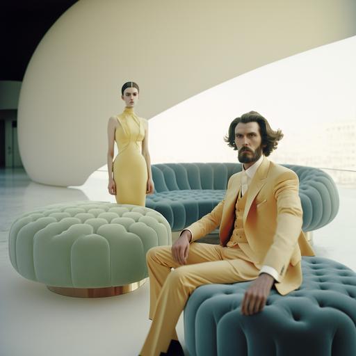 psychedelic ottoman monumental lounge, minimal modern architecture, ottoman fashion models wearing yeezy formal dress, men and womenhaving cocktail party, high end fashion photography, natural lighting, relaxing environment, minimalist movie scene, cyberchitect, photographed on grainy medium format Kodak Portra 800 film SMC Takumar 105mm f/2.8 c 50 --v 4