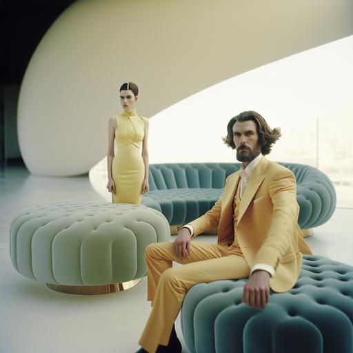 psychedelic ottoman monumental lounge, minimal modern architecture, ottoman fashion models wearing yeezy formal dress, men and womenhaving cocktail party, high end fashion photography, natural lighting, relaxing environment, minimalist movie scene, cyberchitect, photographed on grainy medium format Kodak Portra 800 film SMC Takumar 105mm f/2.8 c 50 --v 4