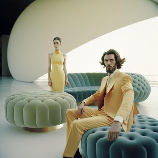 psychedelic ottoman monumental lounge, minimal modern architecture, ottoman fashion models wearing yeezy formal dress, men and womenhaving cocktail party, high end fashion photography, natural lighting, relaxing environment, minimalist movie scene, cyberchitect, photographed on grainy medium format Kodak Portra 800 film SMC Takumar 105mm f/2.8 c 50 --v 4