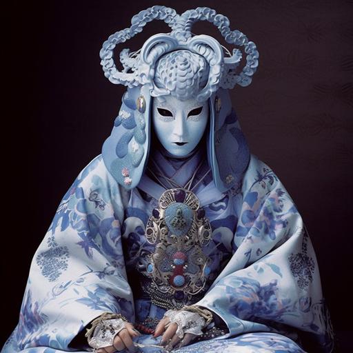 a Nernorumian royal in their traditional attire. The royal should be a decrepitely old woman wearing an ornate decorative porcelain mask that only covers the eyes, flowing kimono-style robe in a light blue lilac color, embellished with intricate floral patterns. The robe should have tasseled ropey shoulders, adding a touch of elegance and regality. The royal should be radiating power and authority. The artwork should capture the essence of Nernorumian royalty, blending grace, beauty, and a sense of noble heritage and sacred ancestral bloodlines.