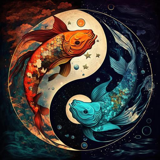 psychedelic yin yang, koi fish, van gogh painting style