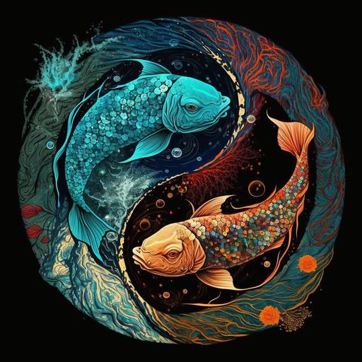 psychedelic yin yang, koi fish, van gogh painting style