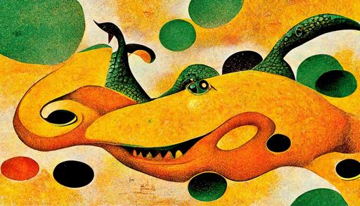 psychodelic cartoon gators creating fractal geometries in the style of joan miro by salvador dali, band poster, yellow, orange, turquise, green tones, very detailed, surrealism style --ar 16:9