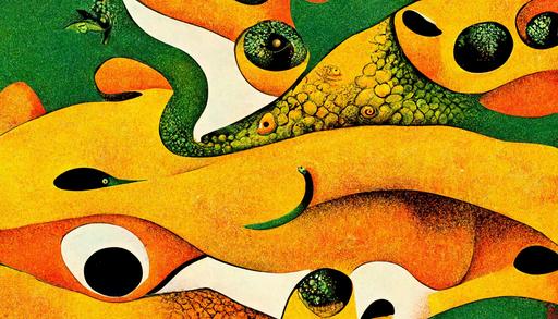 psychodelic cartoon gators creating fractal geometries in the style of joan miro by salvador dali, band poster, yellow, orange, turquise, green tones, very detailed, surrealism style --ar 16:9