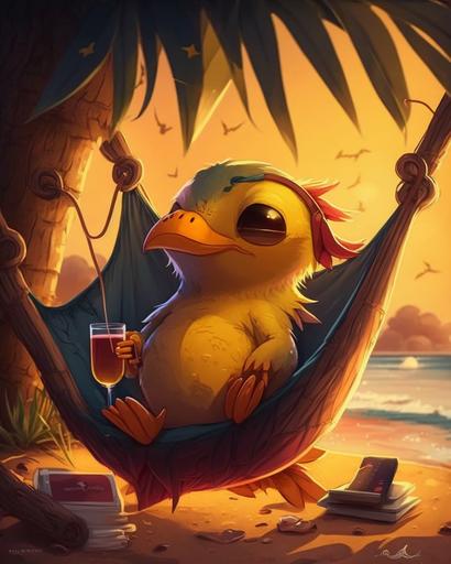 psyduck relaxing in a hammock on a beach, sipping a cocktail, digital painting, tropicalpunk, cool af --s 350 --ar 4:5 --q 2