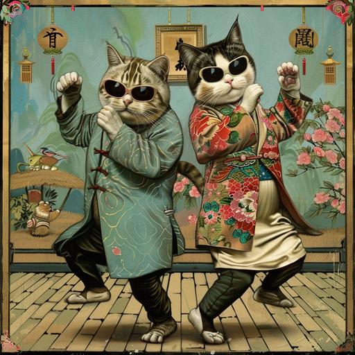 pt:  upscale, and show two cats dancing to the Korean song Gangnam Style
