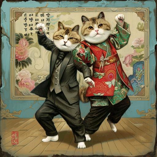 pt:  upscale, and show two cats dancing to the Korean song Gangnam Style