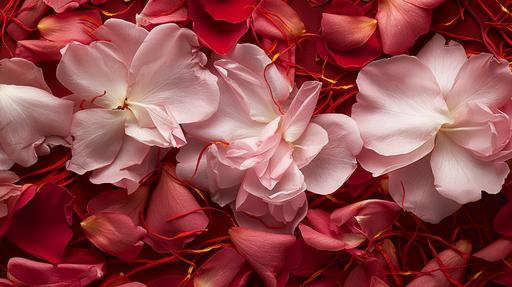 publicity photo of light pink rose petals and red saffron in a dark red background --ar 16:9