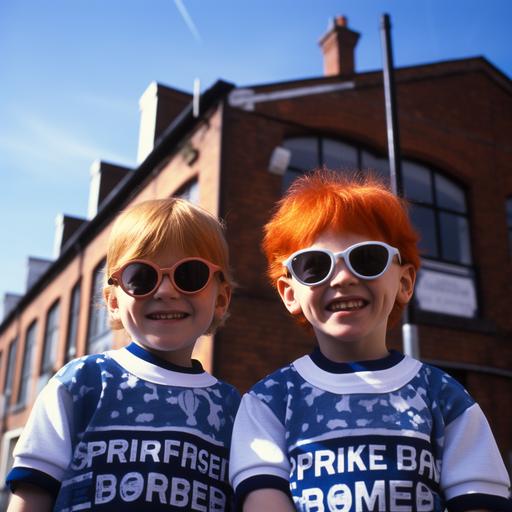 2 children brothers next to each order, smiling for the photo, both with red hair, freckles, skinny boddy, crooked big smile, in 1980's, outside, sunny day, in front of a small football stadium entrance, nerd glasses, a blue Chelsea Footabll Club t-shirt under an vintage coat with an lion, crumpled jeans, small blue flags in their hands, being seen from a medium distance