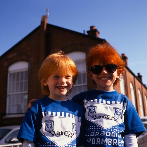 2 children brothers next to each order, smiling for the photo, both with red hair, freckles, skinny boddy, crooked big smile, in 1980's, outside, sunny day, in front of a small football stadium entrance, nerd glasses, a blue Chelsea Footabll Club t-shirt under an vintage coat with an lion, crumpled jeans, small blue flags in their hands, being seen from a medium distance