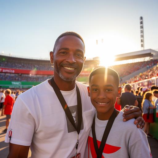 dad and his son, brown skin, both with white t-shirts with black collar and a red logo in heart, smiling for the picture, in front a stadium entrance, with Brazil's flag in corner, sunset light
