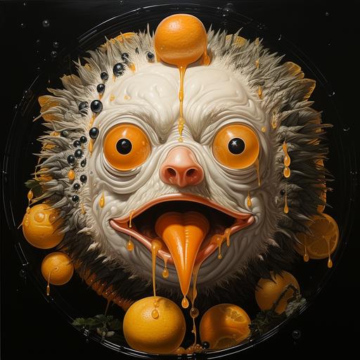 puffer fish with orange ear rings, creamy nougat caricature, the overwhelming chagrin of ecliptic atrophy, wall heads, peel the orange and squeeze the juice --v 5.2 --s 333 --c 11 --weird .11