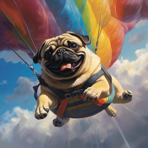 pug dog, happy, flying, parachute,, clouds, , rainbow, hyper realistic