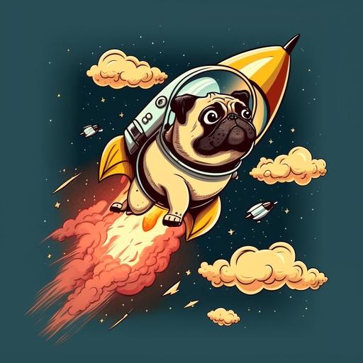 pug flying into space with a rocket, simpsons style illustration